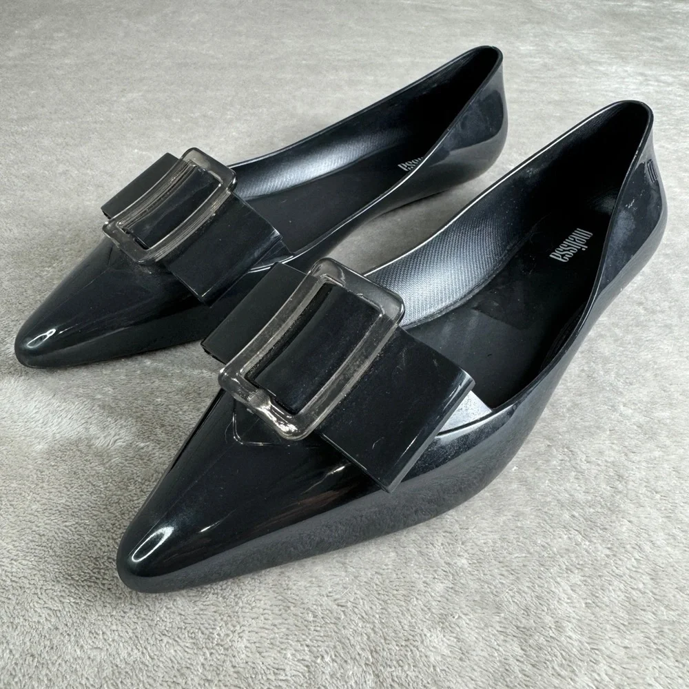 Melissa Black Pointed Toe Flats with Decorative Buckle